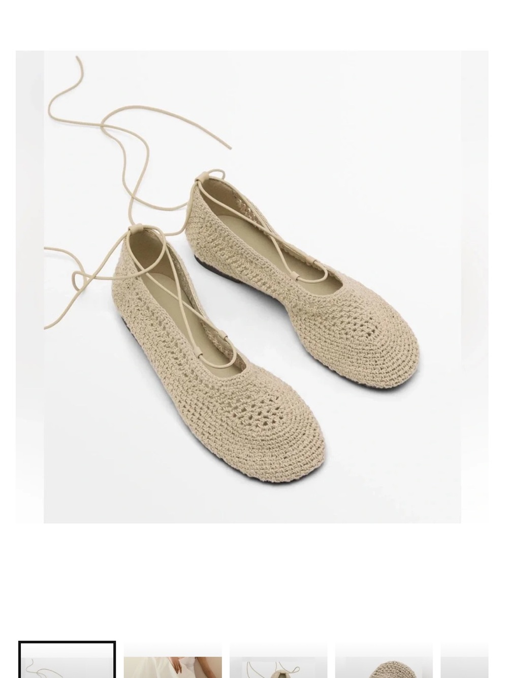 Massimo Dutti Cream Crochet Lace-Up Ballet Flats